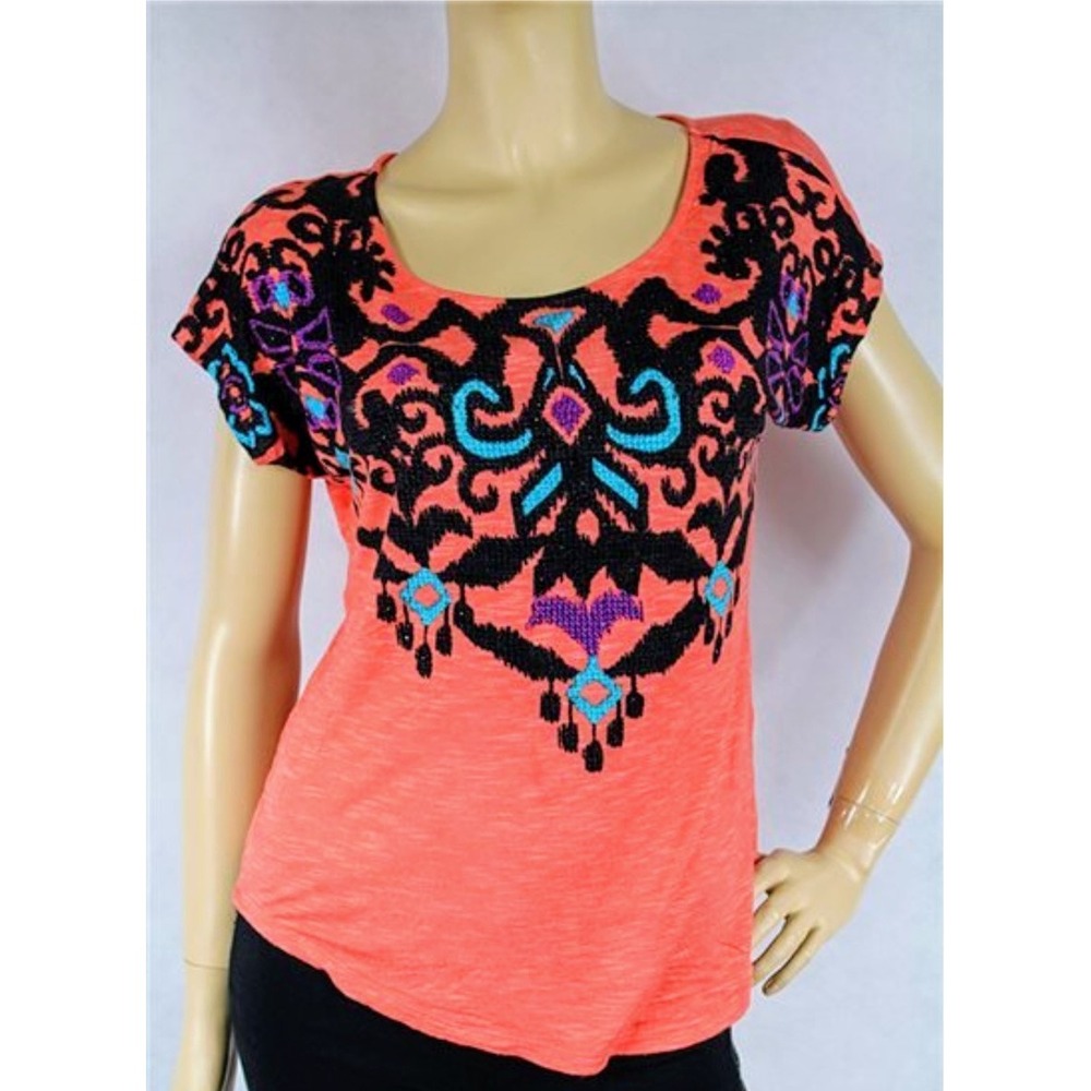 APT. 9 Embellished Top Bohemian Blouse Short‎ Sleeve Coral Black Purple XS NWT